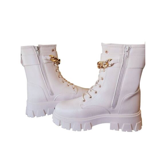 Olivia Miller Womens Ava Combat Boots Beige Vegan Straps Chain Ankle Zip 9 New - Picture 5 of 9